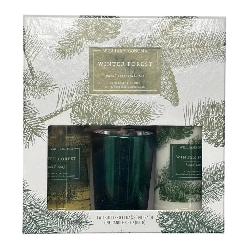 Williams Sonoma Winter Forest Guest Essentials Kit Soap Lotion Candle Pine Cedar